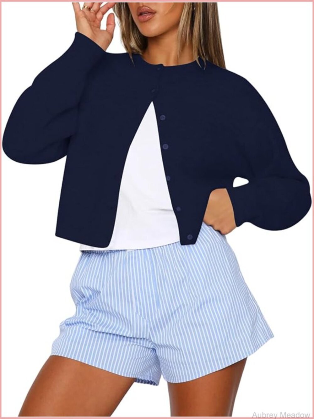 Cropped Cardigan Sweater Crew Neck Long Sleeve Button Up Lightweight Knit
